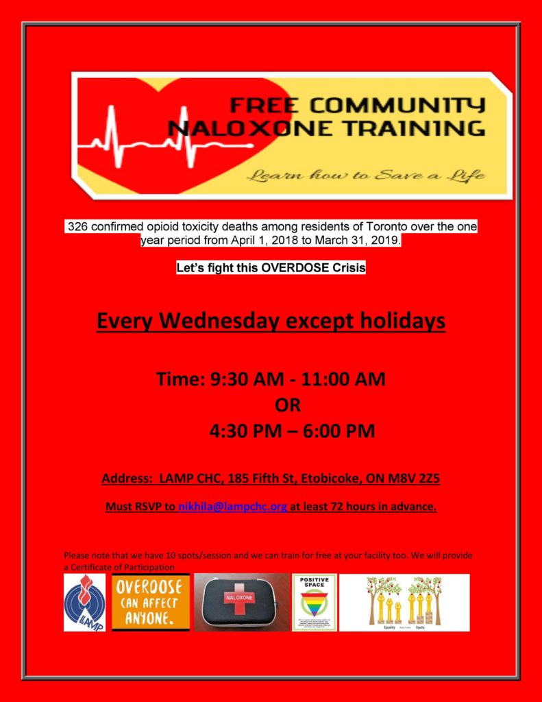 Free community Naloxone Training
Every wednesday except holidaysTime: 9:30 am-11:00
or 4:30 pm-6:30 pm
Must rsvp to nikhila@lampchc.org at least 72 hours in advance LAMP 185 Fifth Street