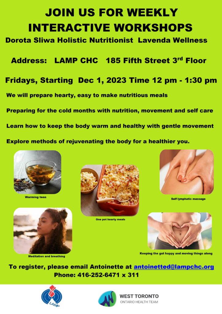 LAMP Community Health Centre program flyer promoting the new weekly interactive nutrition workshop series taking place Fridays from 12 pm to 1:30 pm at LAMP in the third floor community room.