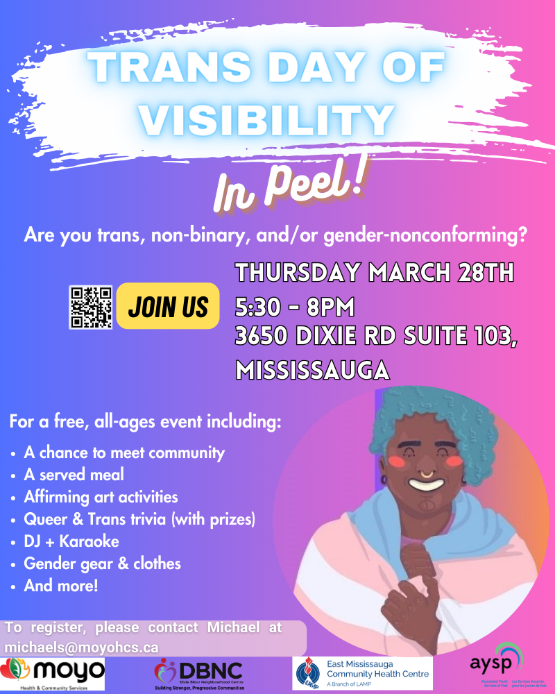 Colourful Trans Visibility Day in Peel flyer with event details.